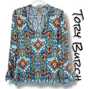 Tory Burch Stephanie Silk Ikat Sequin Tunic Womens Sz 2 Luxury Teal Boho Resort